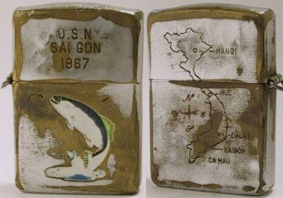 This is a 1953 hand-painted Town &amp;&nbsp;Country Trout Zippo which was many years later engraved with "USN Saigon 1967" and with a map of Vietnam on the back.&nbsp; It was not unusual for the the servicemen to bring their own Zippos to Vietnam an…