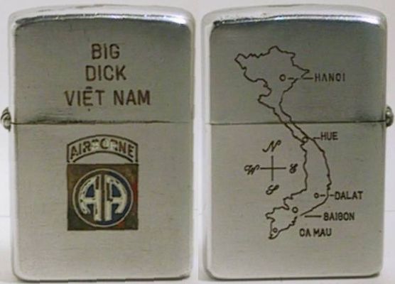 This is a 1955 Zippo for "Big Dick" of the 82nd Airborne with a map of Vietnam on the reverse.&nbsp; The 82nd Airborne was deployed in January 1968 in response to the Tet offensive to the Hue-Phu Bai area and was later moved to Saigon, then fought b…