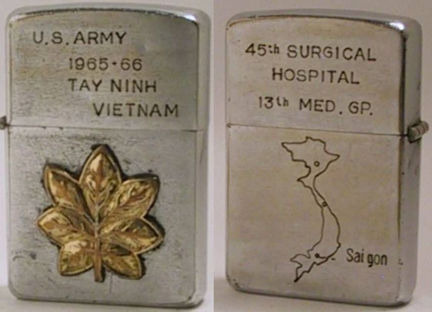 1960 Zipporeading "US Army 1965-66 Tay Ninh Vietnam" with an attached US Army Major's leaf badge. The reverse reads "45th Surgical Hospital 13th Med. Gp.