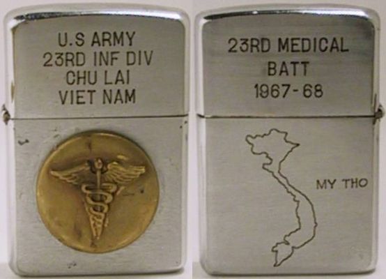 This is a 1961 Zippo for the US Army 23rd Infantry Division, Chu Lai Viet Nam.&nbsp;The lighter has an attached medical badge on the front and is engraved "23rd Medical Battalion 1967-68" with a map of Vietnam