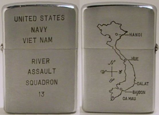 1962 Zippo engraved "United States Navy Viet Nam - River Assault Squadron 13".&nbsp; It has a map of Vietnam on the back