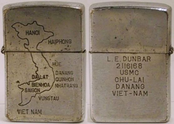 1965 Zippo engraved in-field, with a map of Vietnam on one side and "LE Dunbar, 2116168, &nbsp;USMC, Chu Lai, Danang, Viet-Nam" on the other.
