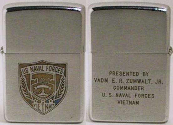 1968 Zippo, presentation lighter by Vice Admiral E.(Elmo) R. Zumwalt, Jr. Commander of US Naval Forces in Vietnam. Zumwalt conceived the"Brown-Water Navy,"&nbsp; He is also remembered as the man who introduced the use of "Agent Orange" the powerful …