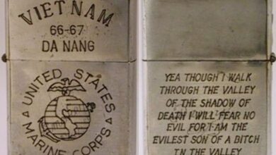  This 1966 Zippo says "Vietnam 66-67 Da Nang US Marine Corps " and barely visible in the naval crest lightly engraved reads "Smokey '66". The back side reads "Yea Though I Walk Through The Valley of the Shadow of Death I will fear no Evil For I am t…