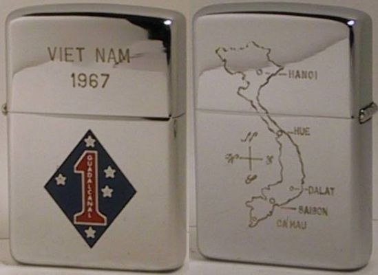 1st Marine Division USMC logo on front, &nbsp;map of Vietnam on the reverse,&nbsp;a factory engraved 1966 Zippo