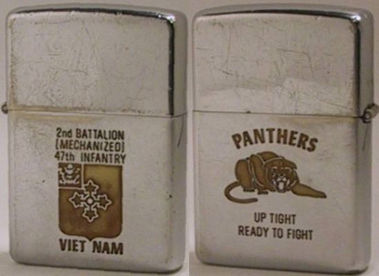1968 Zippo 2nd for the Battalion (Mechanized) 47th Infantry Viet Nam.&nbsp; The reverse has the Panthers logo and slogan "Up Tight Ready to Fight"