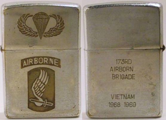 The lid of this 1968 Zippo is engraved with the parachutist and "Airborne" logos.&nbsp; Thereverse is engraved"173rd Airborne &nbsp;Brigade Vietnam 1968 1969"