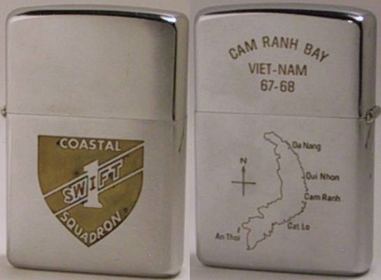 1968 high-polish Zippo with a factory engraved logo for Swift 1 Coastal Squadron.&nbsp; The reverse read "Cam Ranh Bay Viet-Nam 67-68" and has a map of Vietnam