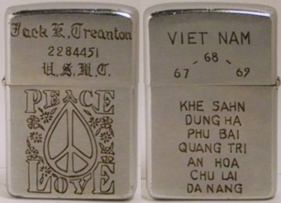 In-field engraved 1968 Zippo belonging to Jack Treanton, USMC,&nbsp; who apparently served1967-69 in Khe Sanh, Dung Ha, Phu Bai, Quang Tri, An Hoa, Chu Lai and Da Nang