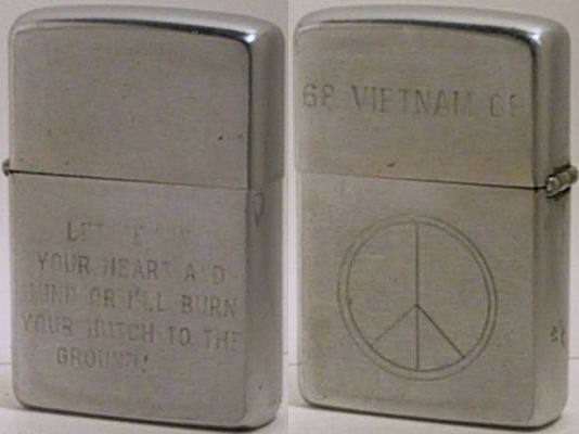 "Let Me Win Your Heart and Mind or I'll Burn Your Hutch to the Ground" one one side and a peace sign with Vietnam 68-69 on the other was probably not engraved in-field.&nbsp; The Zippo is dated 1968