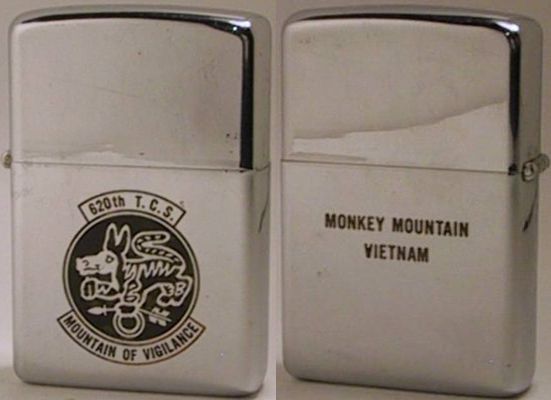 1968 factory-engraved high-polish Zippo with the "Wooly Booger" logo of the620th Tactical Control Squadron of the US Air Force and its motto "Mountain of Vigilance". The reverse reads "Monkey Mountain Vietnam" which is located near Da Nang
