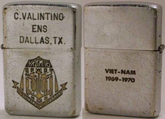 1968 Zippo with the lid reading "C. Valentino Ens. Dallas, Tx" and the case engraved with the logo of YRBM16, a Repair, Berthing and Messing Barge, or tender for the&nbsp;PBR's. The back reads"Viet-Nam 1969-1970"