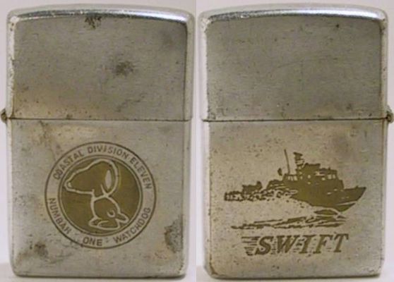 1968 Zippo for Coastal Division 11 with Snoopy the "Numbah One Watchdog".&nbsp; The reverse has an image of a Swift boat