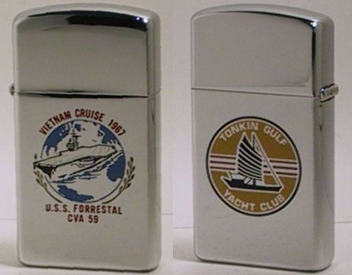 1968 slim Zippo for USS Forrestal CVA 59, an aircraft carrier.&nbsp; While on tour in 1967, a missile was fired accidentally, causing a tragic fire which killed 134 service men and destroying numerous aircraft.&nbsp;