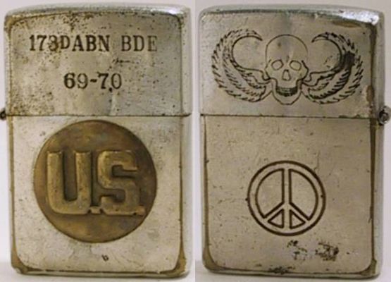 1969 Zippo is engraved "173rd ABN BDE 69-70" for the 173rd Airborne Brigade and has an attached "US" badge.&nbsp; The reverse is engraved with a parachutist logo and a peace sign