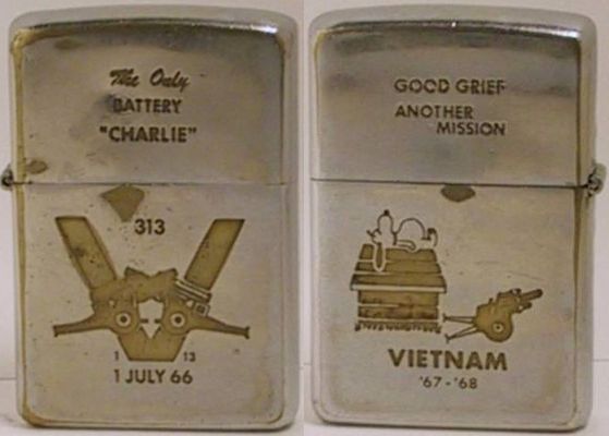 This 1969 Zippo with Snoopy's "Good Grief Another Mission" is for Charlie Battery, 1st Battalion, 13th Marines,&nbsp;which fought intense battles in Khe Sanh in 1968.