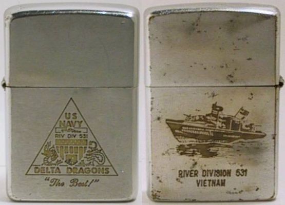 1969 Zippo with the emblem of the US Navy Delta Dragons "The Best". The reverse is engraved with a PBR and "River Div 531 Vietnam