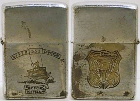 This two-sided 1969 Zippo for River Division 553 with a graphic of the PBR on the fron and the squadron logo on the back