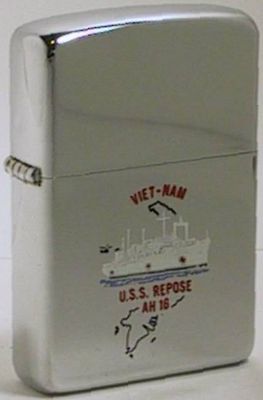 Here is a 1969 high-polish Zippo with the engraving of USS Repose on theoutline of Vietnam.&nbsp; The hospital ship, known as "The Angel of the Orient" served in Vietnam from 1966-70