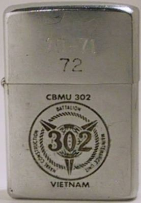 1970 Zippo with the logo for CBMU 302 (Naval Construction Battalion Maintenance Unit) Vietnam with 70-71-72 engraved on the lid.&nbsp; They were known as "Seabees".&nbsp; The reverse (not shown)is engraved with the name David R. Symons
