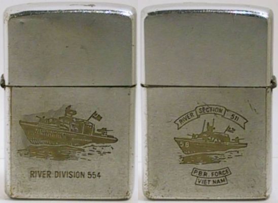 This 1970 Zippo has a PBR for River Division 554 on one side and for Section 511 on the other.&nbsp;&nbsp;The authenticity of the engraving is questionable