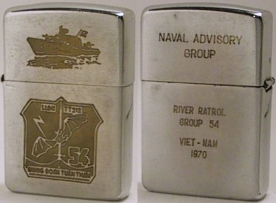 1970 Zippo with factory-engraved image of a PBR and logo of the River Patrol Group 54, the command of which was turned over to the Vietnamese Navy in 1970.&nbsp; The reverse reads "Naval Advisory Group - River Patrol Group 54 Viet-Nam 1970"