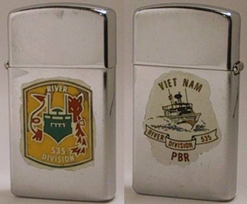 This factory-engraved images on 1970 slim Zippo for the 535 River Division have apparently been coated with a lacquer to keep the paint from chipping off