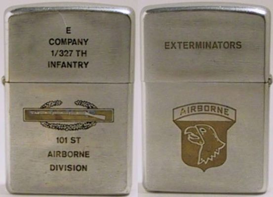 1971 factory-engraved Zippofor E Company 1/327th Infantry&nbsp;101st Airborne Division with with a Combat Infantryman Badge. The reverse reads "Exterminators - Airborne"&nbsp;with the emblem of the 101st Screaming Eagle